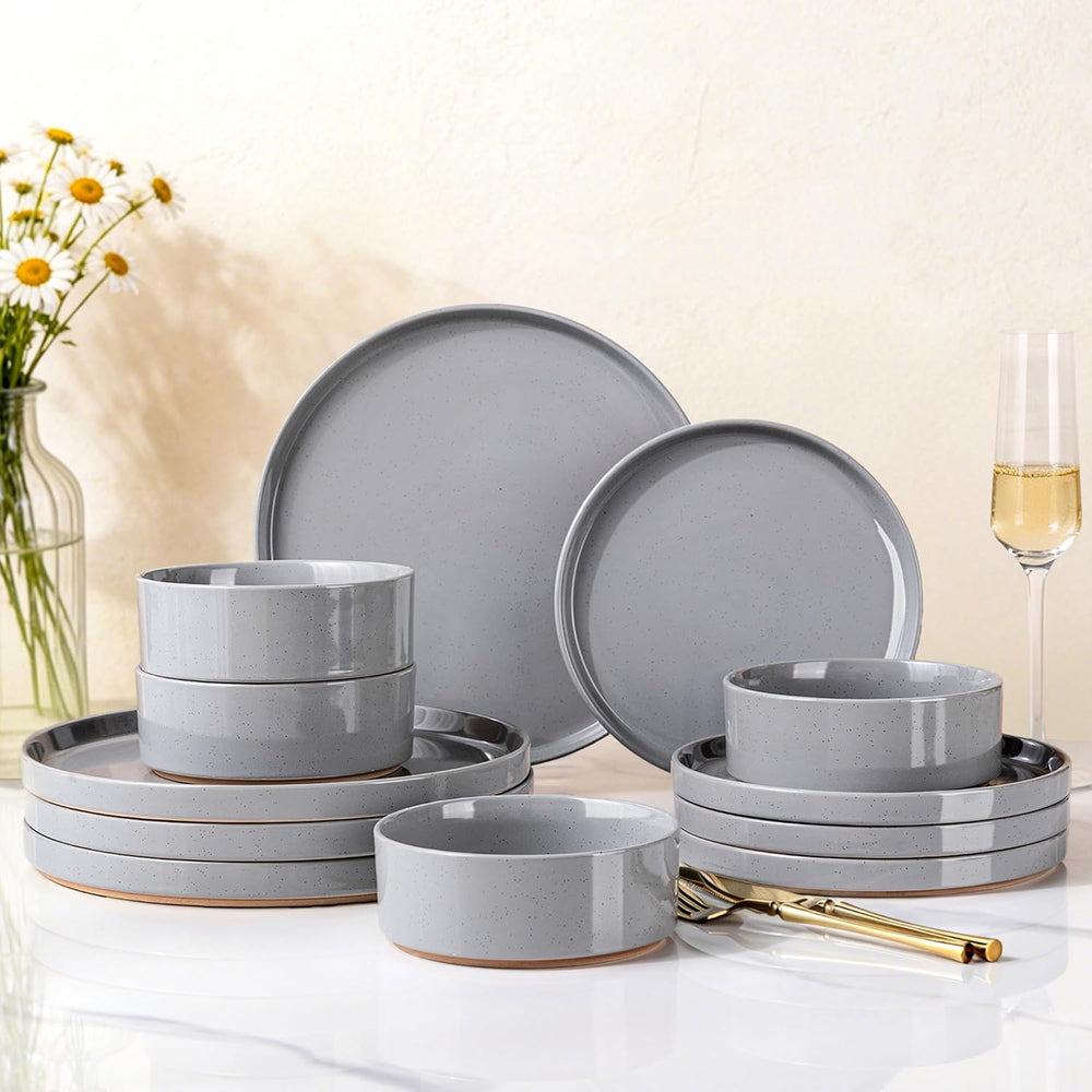 AmorArc Stoneware Dinnerware Sets for 4,12Pcs Plates and Bowls Set