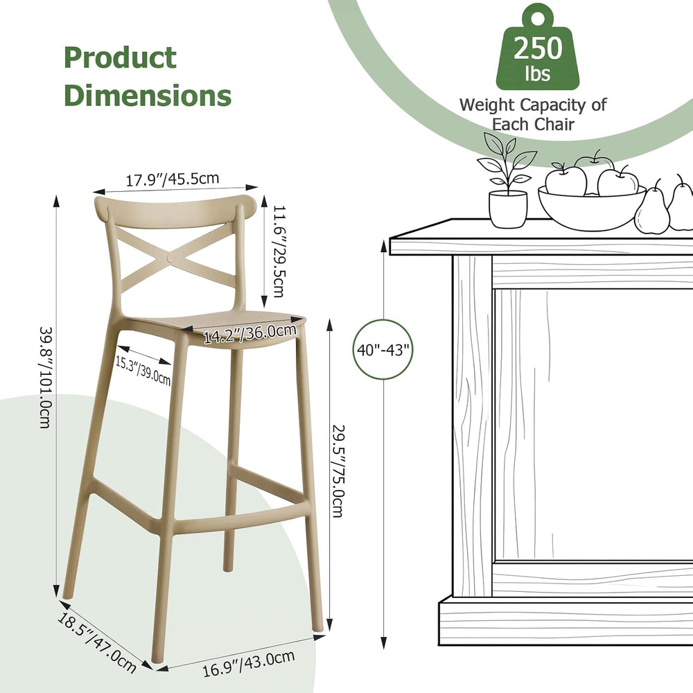 30" Plastic Outdoor Bar Stools Set of 8, Stackable, Camel