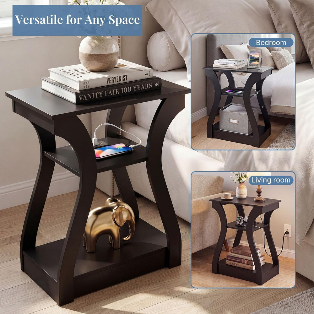 OLIXIS 3 Tier End Table with Charging Station, Modern Curved Nightstand Side ...
