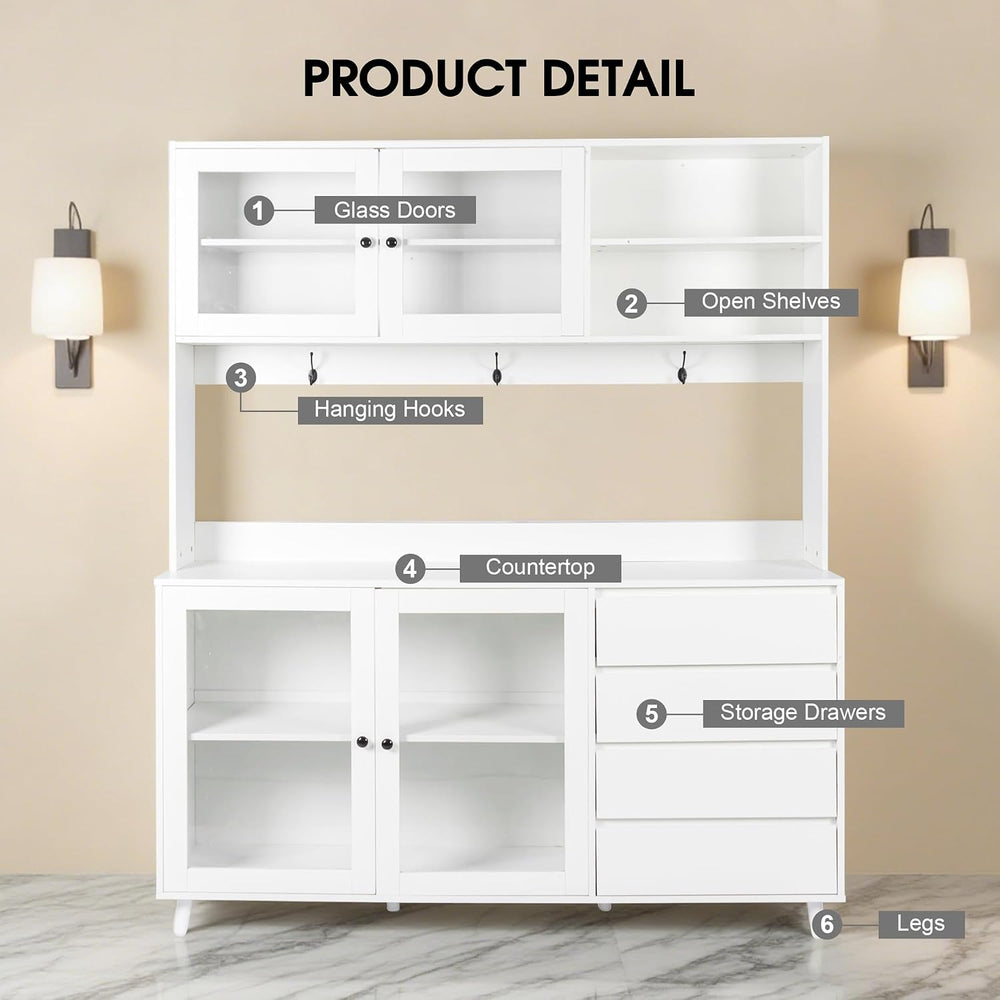 63" Large Kitchen Hutch Cabinet with 4 Doors, 4 Drawers and Microwave Sh...