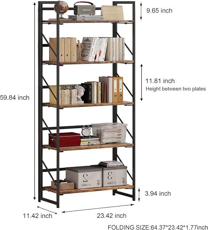 JSB No Assembly Folding Bookshelf, 5 Tier Industrial Metal Book Shelf for Sto...