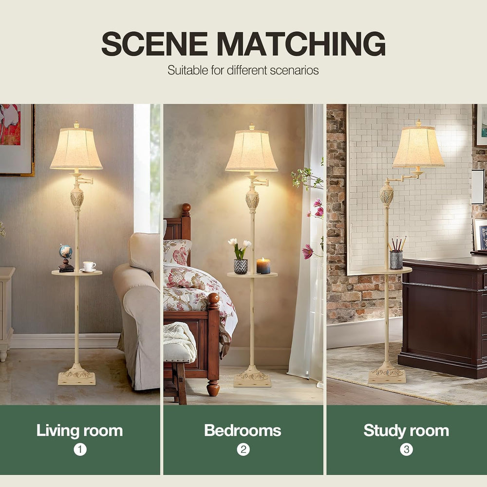 Traditional Floor Lamp with Tray, Remote Dimmable, 350° Swing Arm and White