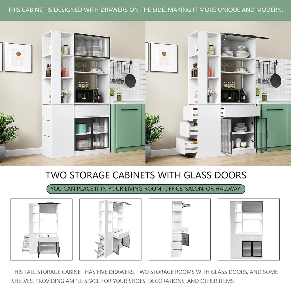 71 Inch Wood Pantry Cabinet with Glass Doors, 39 Inch Wide Freestanding Kitch...