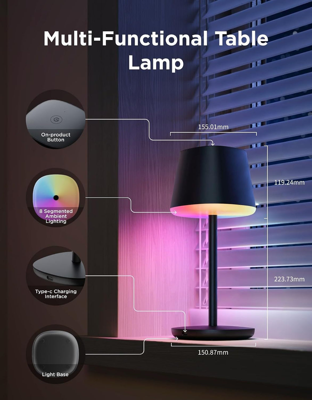 Govee Smart Cordless Table Lamp Classic (No Adapter), RGBIC Desk Lamp