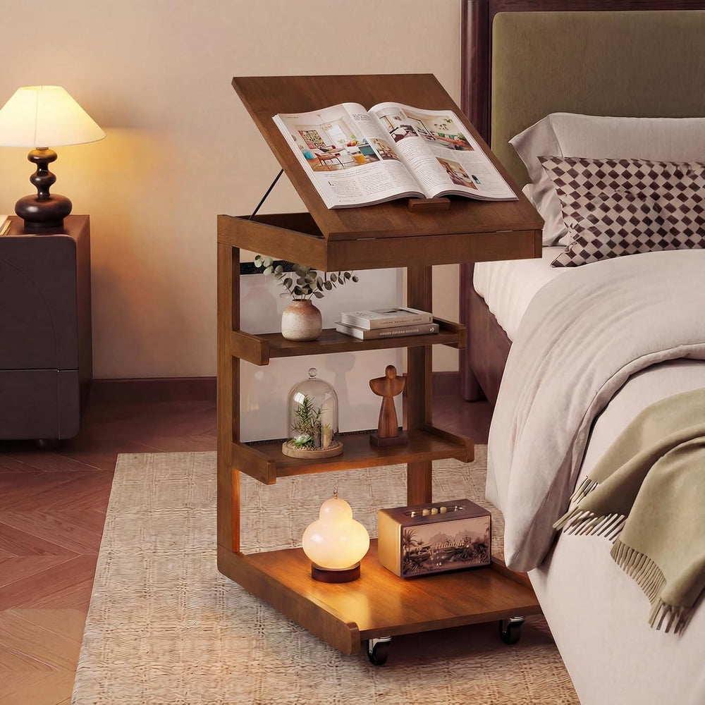 Giantex C-Shaped End Table with Wheels, Wooden Rolling Side Table w/Adjustabl...
