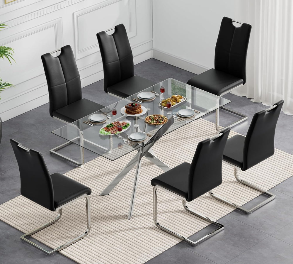 Modern Glass Dining Table Set for 6, Glass Silver Kitchen Table and Chairs Se...