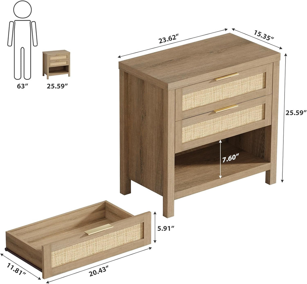 Eclatara Rattan Nightstands Set of 2 with 2 Drawers and Storage Shelf | Ratta...