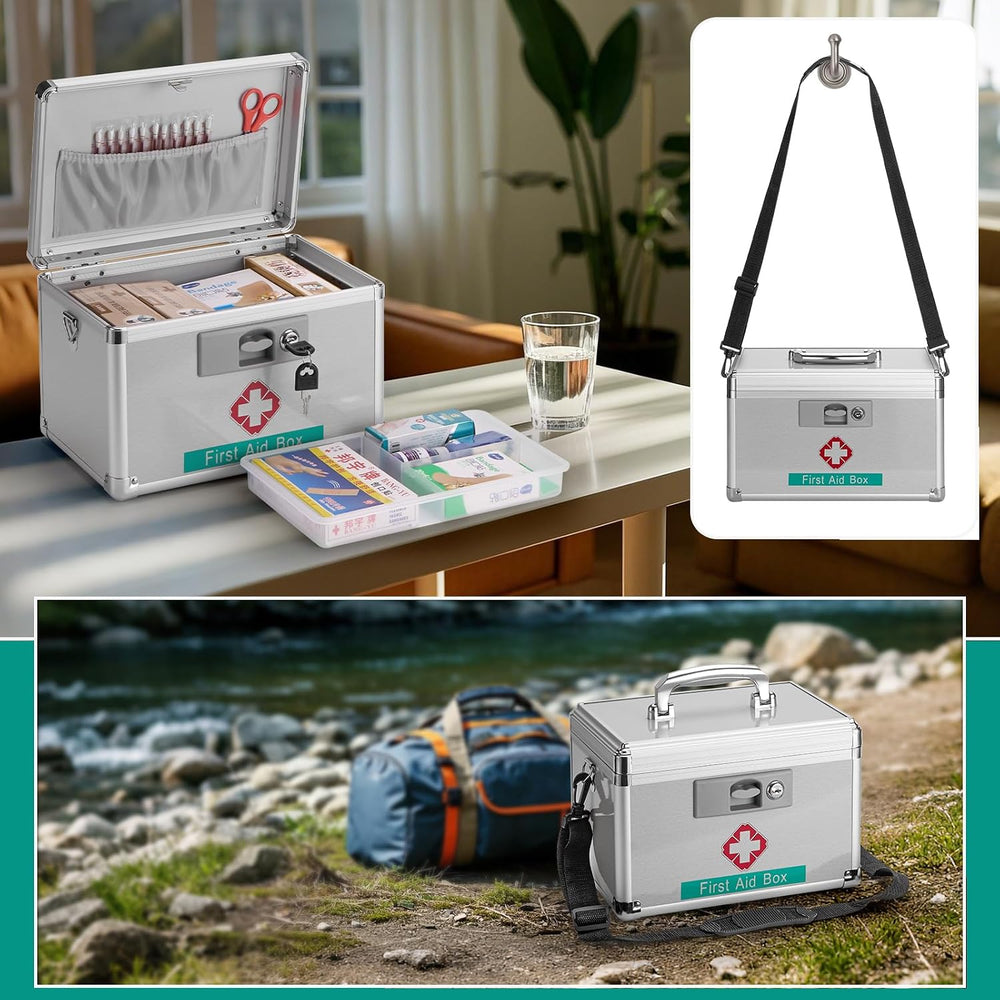 First Aid Box with Key, 11.2 x 7.6 x 7.6 Inches, Empty Lockable Medicine Stor...