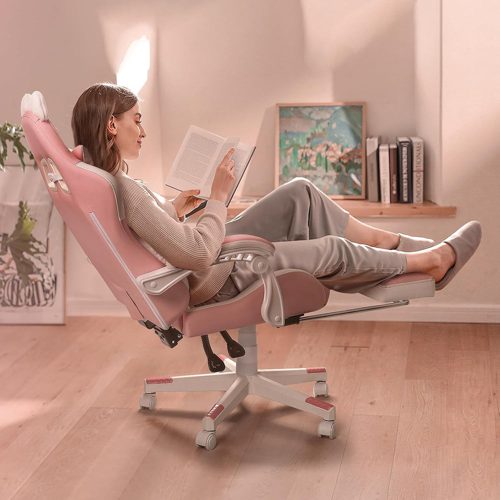 PUKAMI Pink Gaming Chair Cute with Cat Ears and Cat Paw Lumbar Cushion, Ergon...