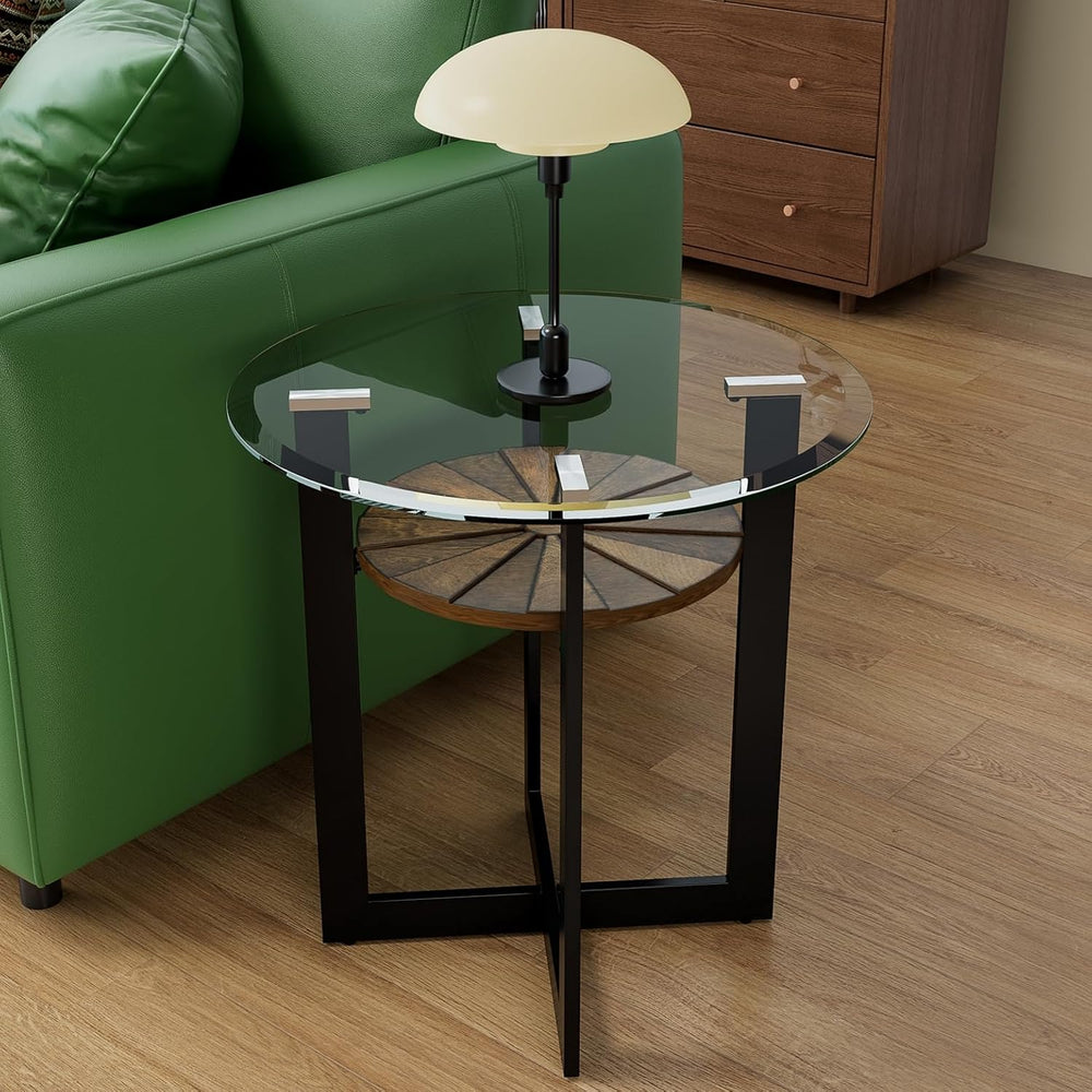 LEEMTORIG Round Glass End Table for Living Room, 23.8" Dia. x 24.4"...
