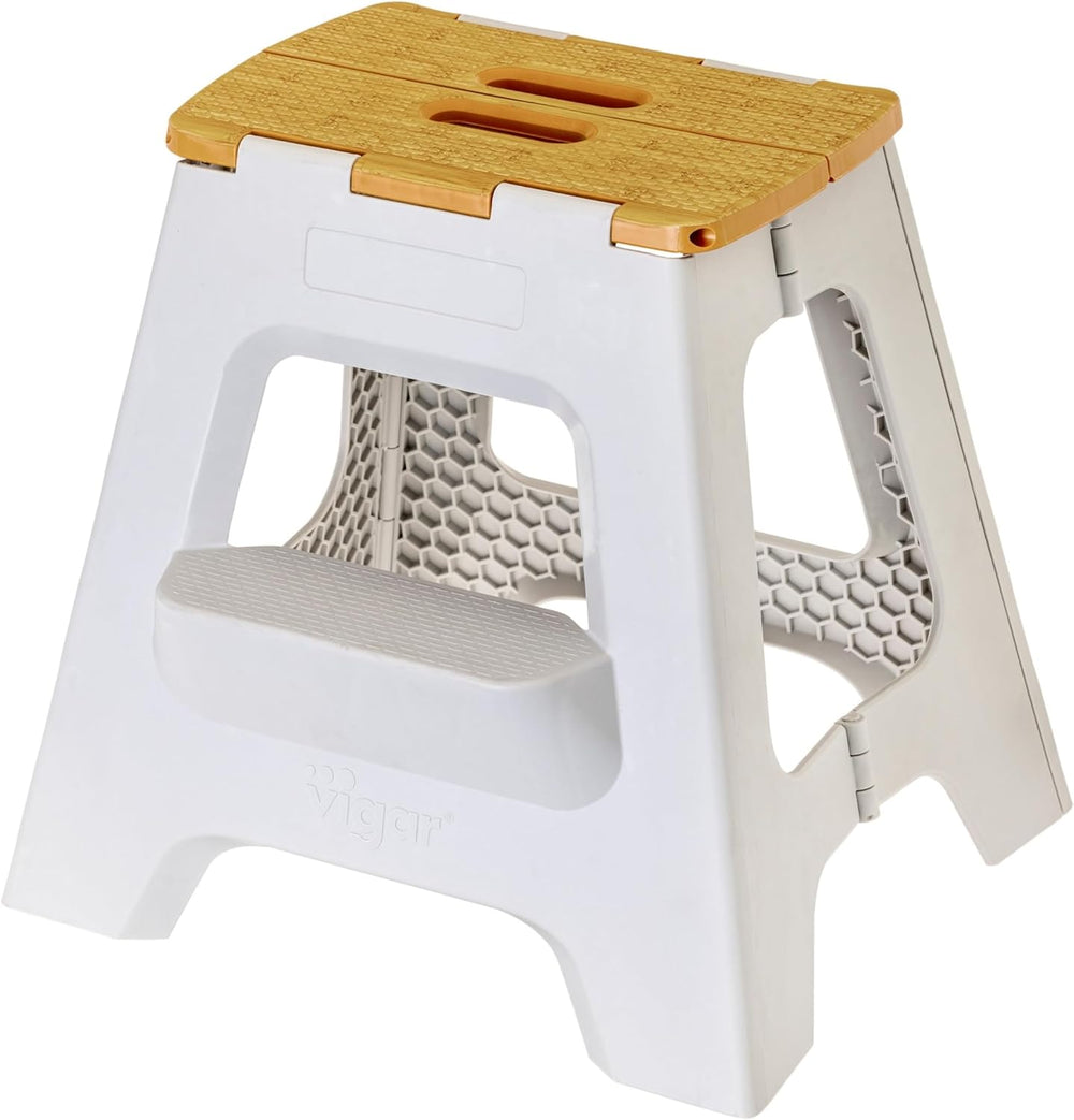 Vigar Compact Folding Step Stool, 16 in 2 Step, Gray Bamboo Print