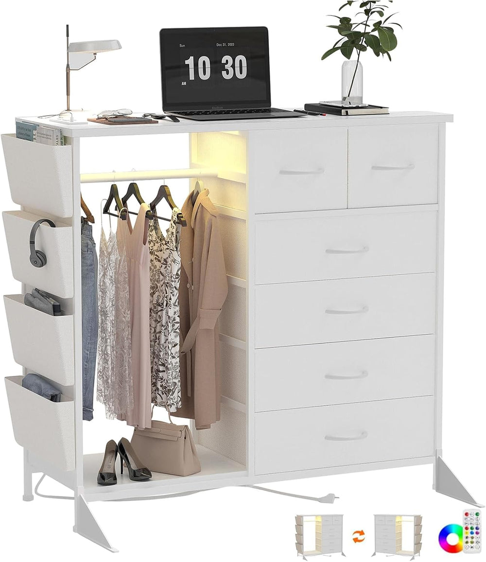 6 Drawer Dresser for Bedroom with Clothes Rack, Clothes Dresser with Side Poc...