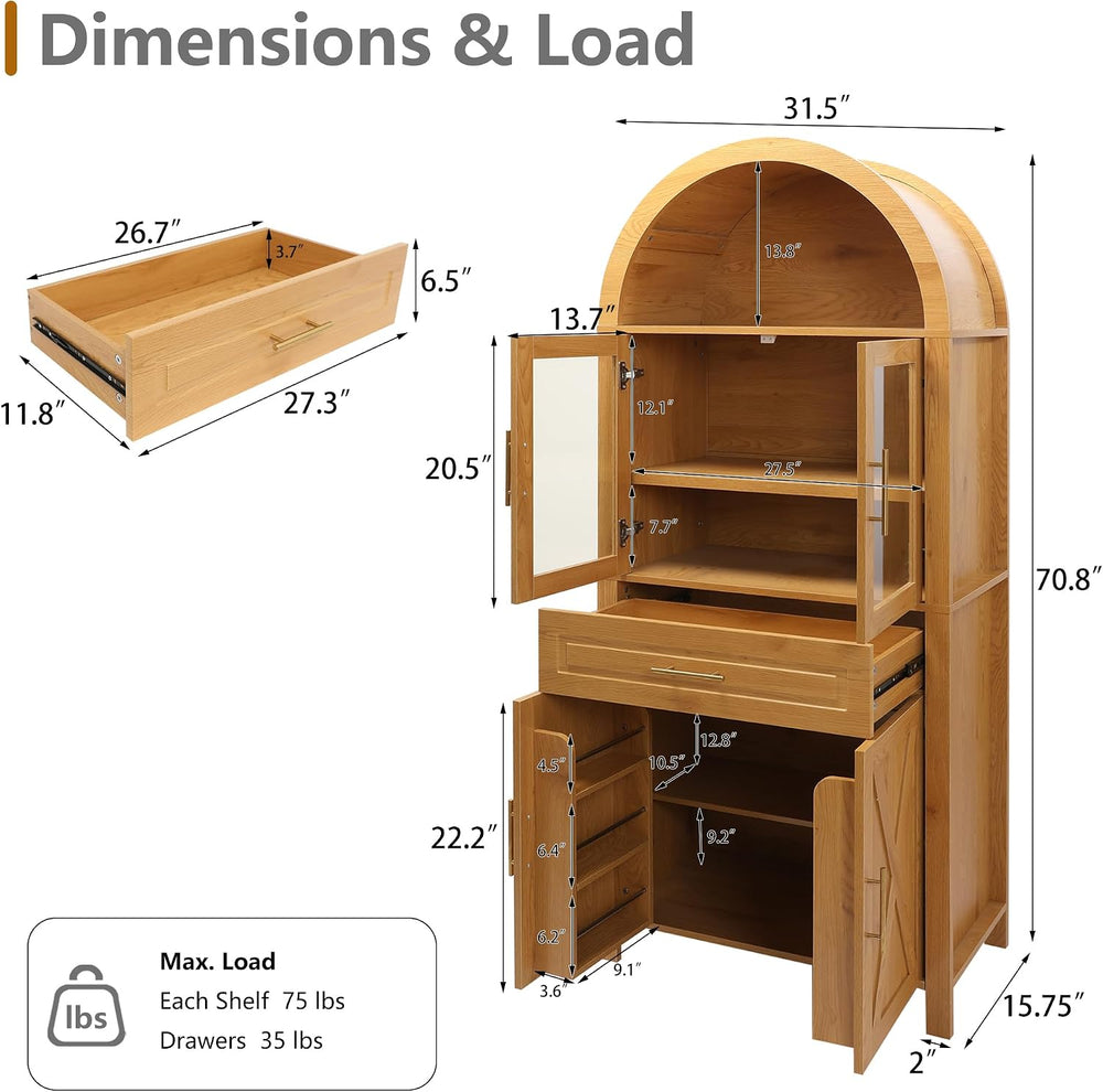 Polibi 71" Tall Arched Kitchen Pantry Cabinet with Glass Doors,Farmhouse...