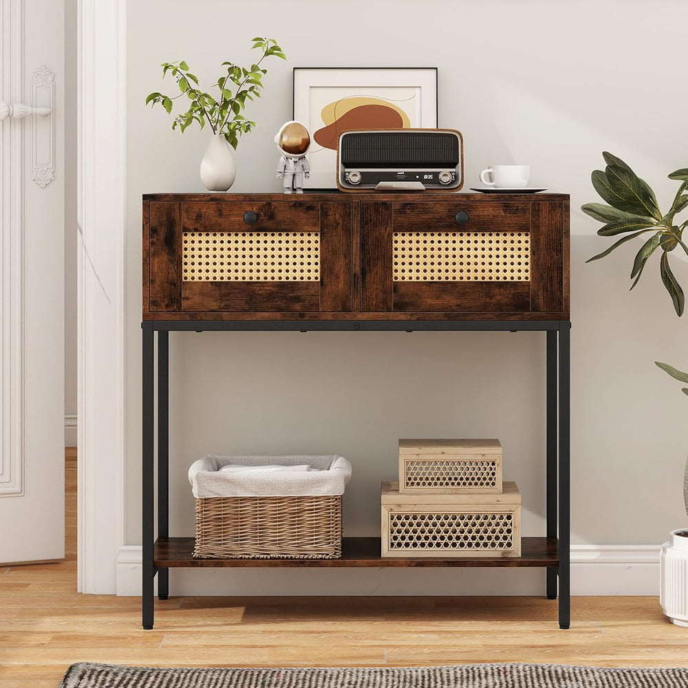 GOFLAME Rattan Console Table, Boho Entryway Table with 2 Drawers & Open S...