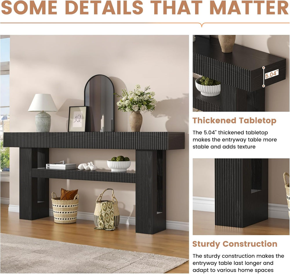 Bigbiglife 63" Fluted Console Table, Black | 2-Tier with Storage Shelves...