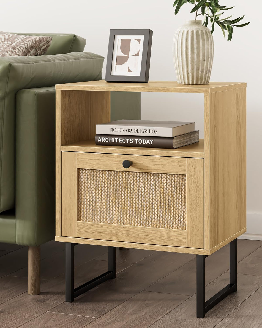 Masupu Extra Large Rattan Nightstand,Modern Boho Farmhouse Wood Bedside Table...
