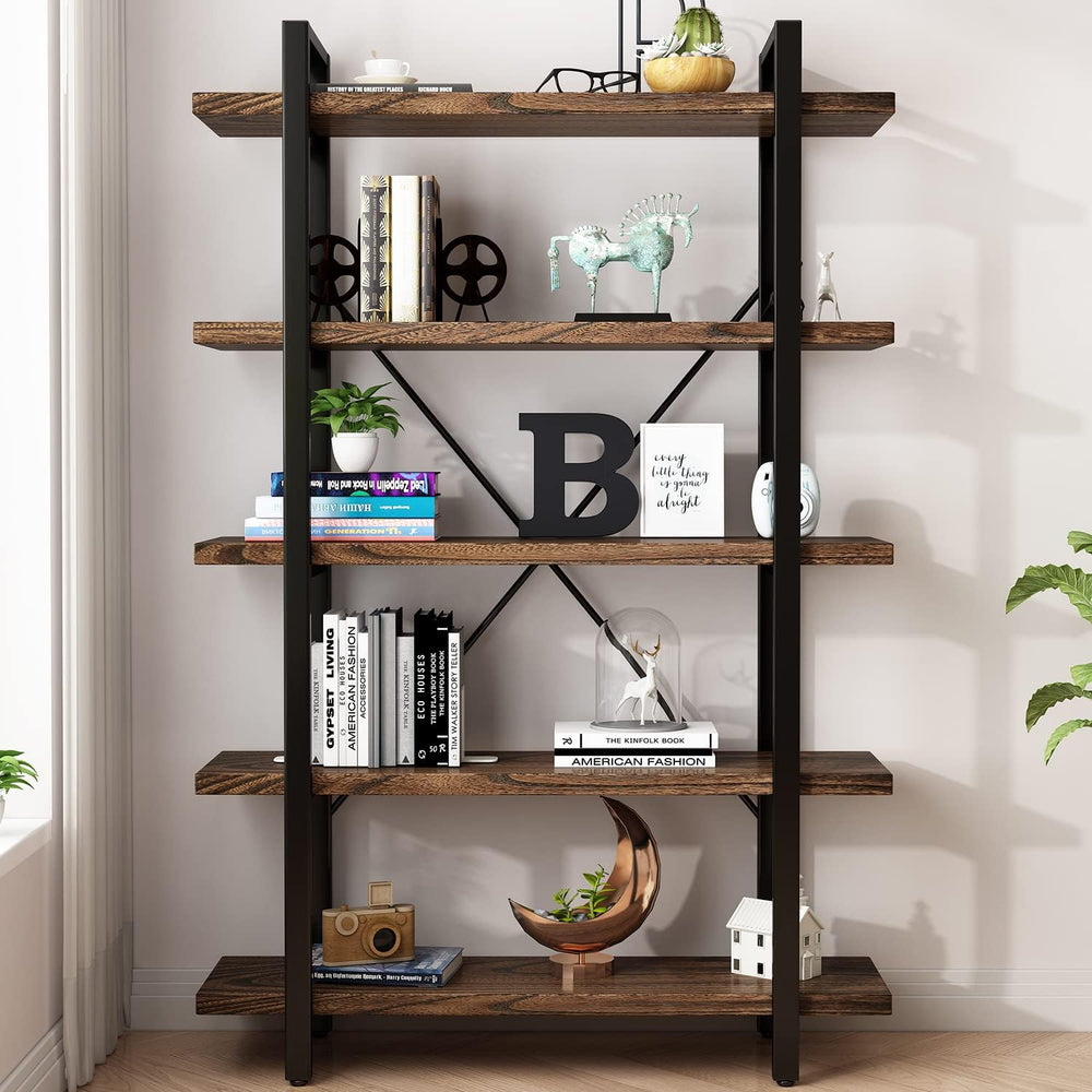 5-Tier Industrial Style Solid Wood Bookcase and Book Shelves,Rustic Wood and ...