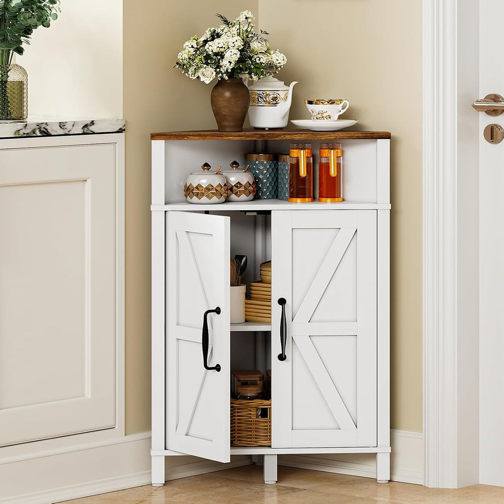 Farmhouse-Style Corner Cabinet, Corner Shelf with Open Storage, Double-Door S...