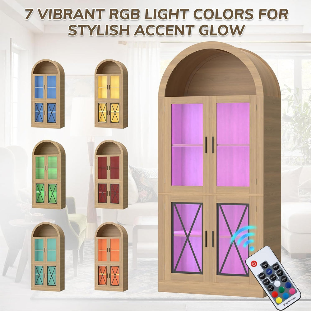 71” Tall Arched Kitchen Pantry with X-Pattern Glass Doors & RGB Lighting,...
