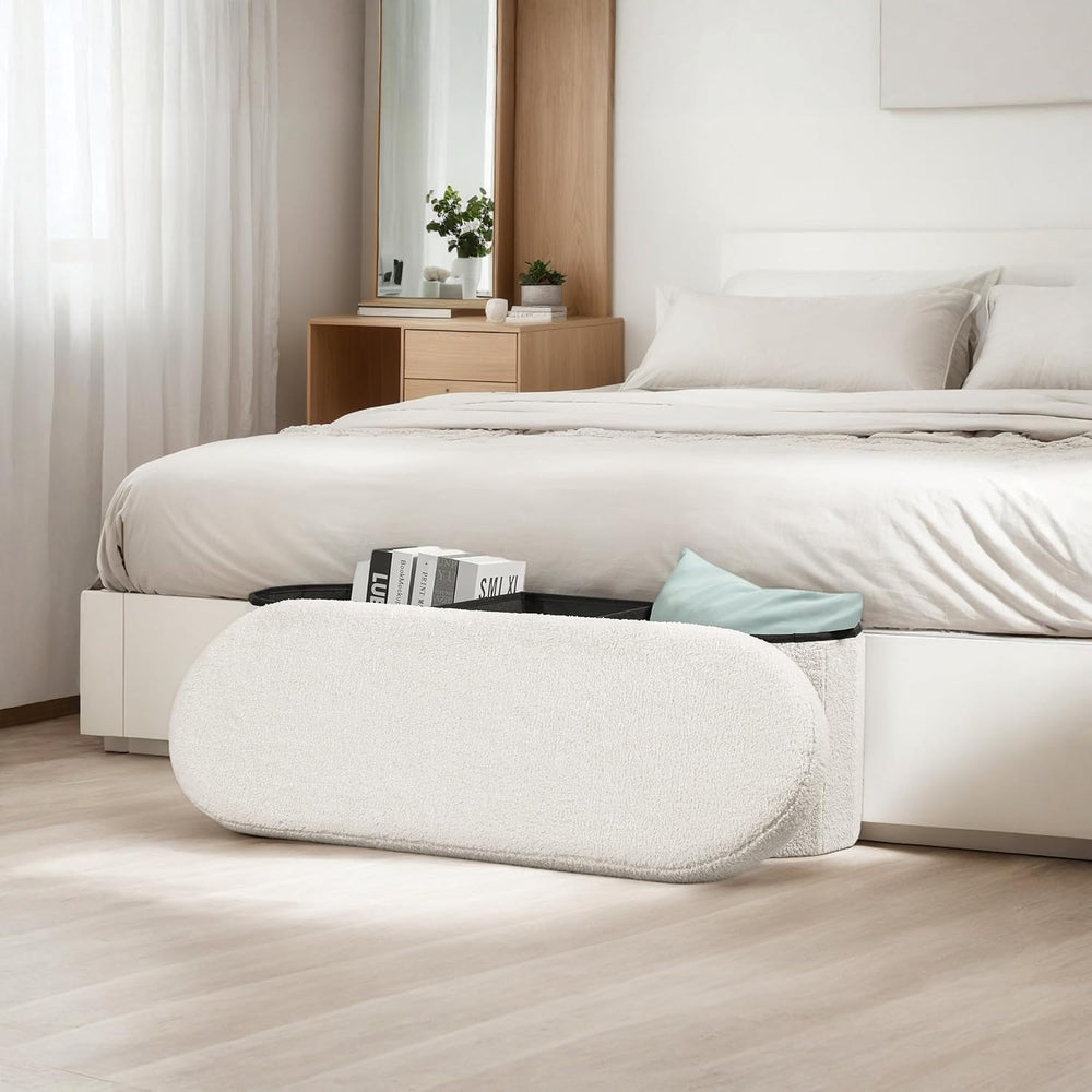 43.3 Inches Foldable Storage Ottoman Bench, Oval Footrest | Teddy Boucle Fabr...
