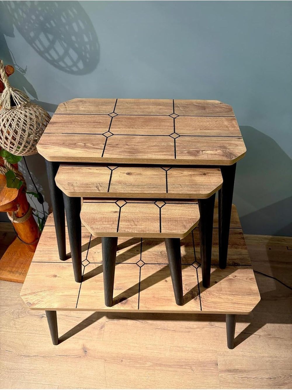 3-Piece Nesting Side Table Set with Central Coffee Table, Pine Wood Finish, M...