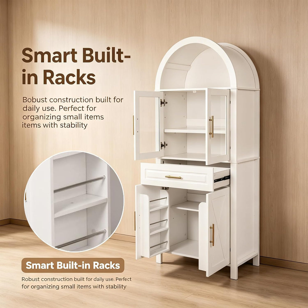 71" Tall Arched Kitchen Pantry Cabinet with Glass Doors - Farmhouse Stor...