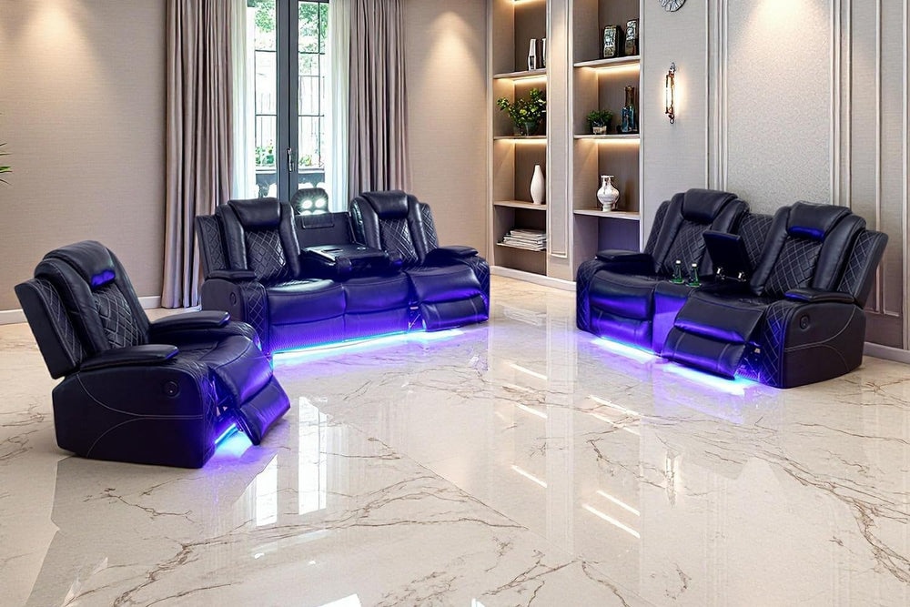 Power Recliner Sofa Set, Black Leather 3 Pieces Sectional Couch, Living Room ...