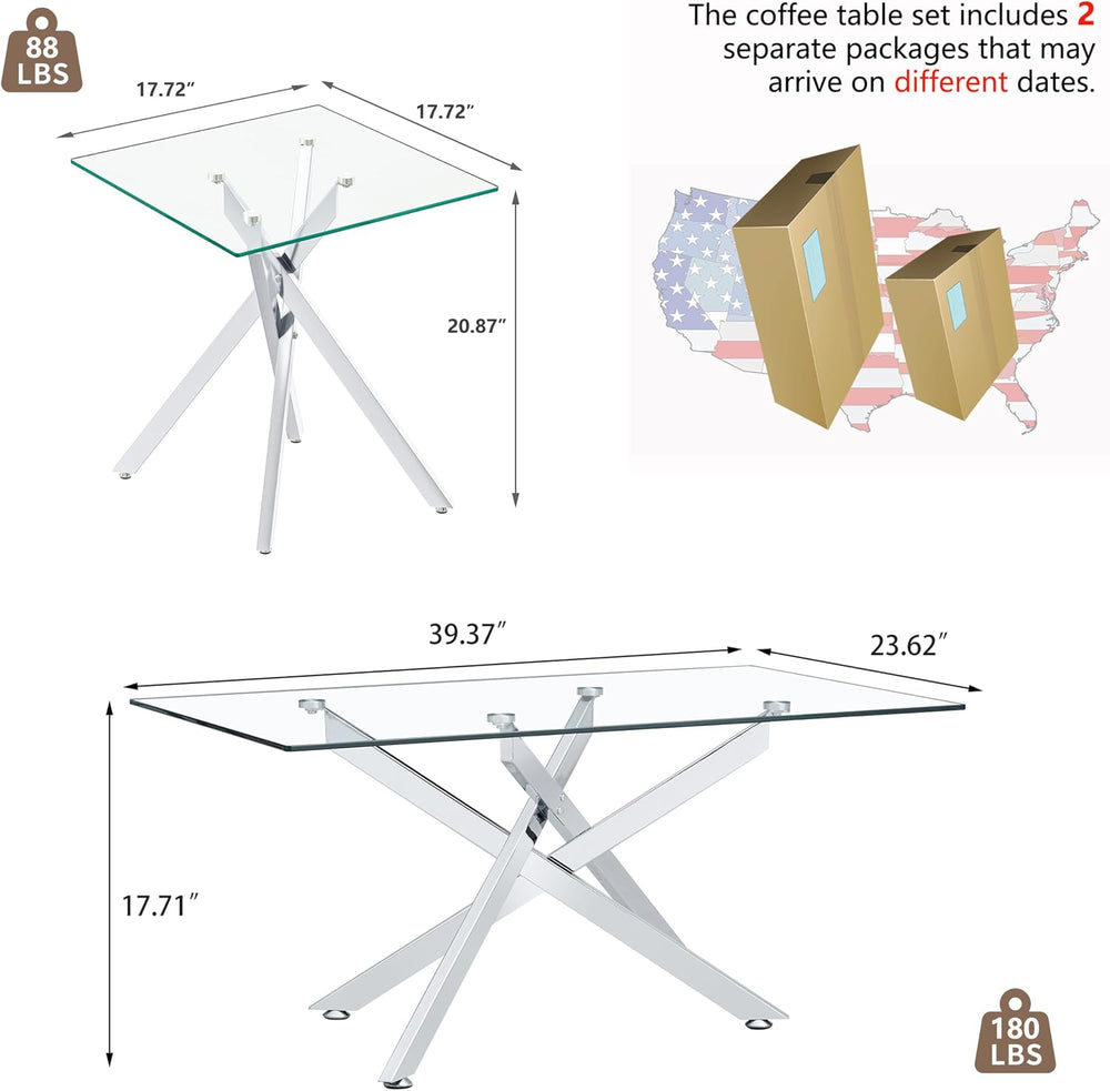 Silver Glass Coffee Table Set of 3 Modern End Table Living Room Side Table, G...