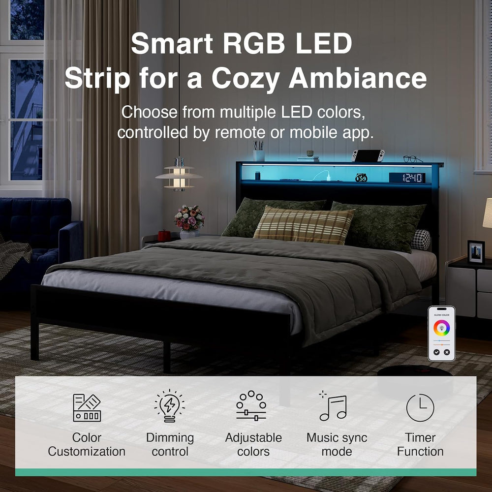Novilla Full Bed Frame with LED Lights and Charging Station, Metal Platform B...