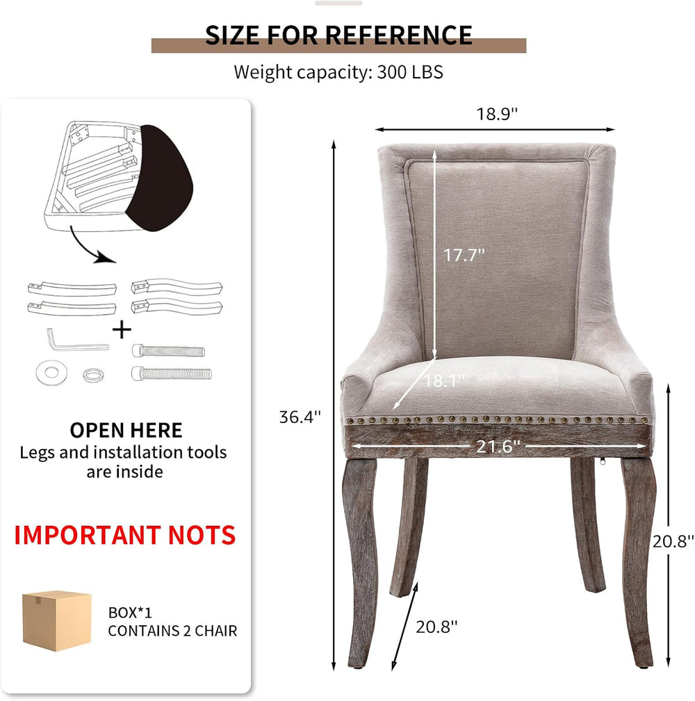 Upholstered Dining Chairs Set of 2, Beige Fabric Kitchen Chair with Nailhead ...