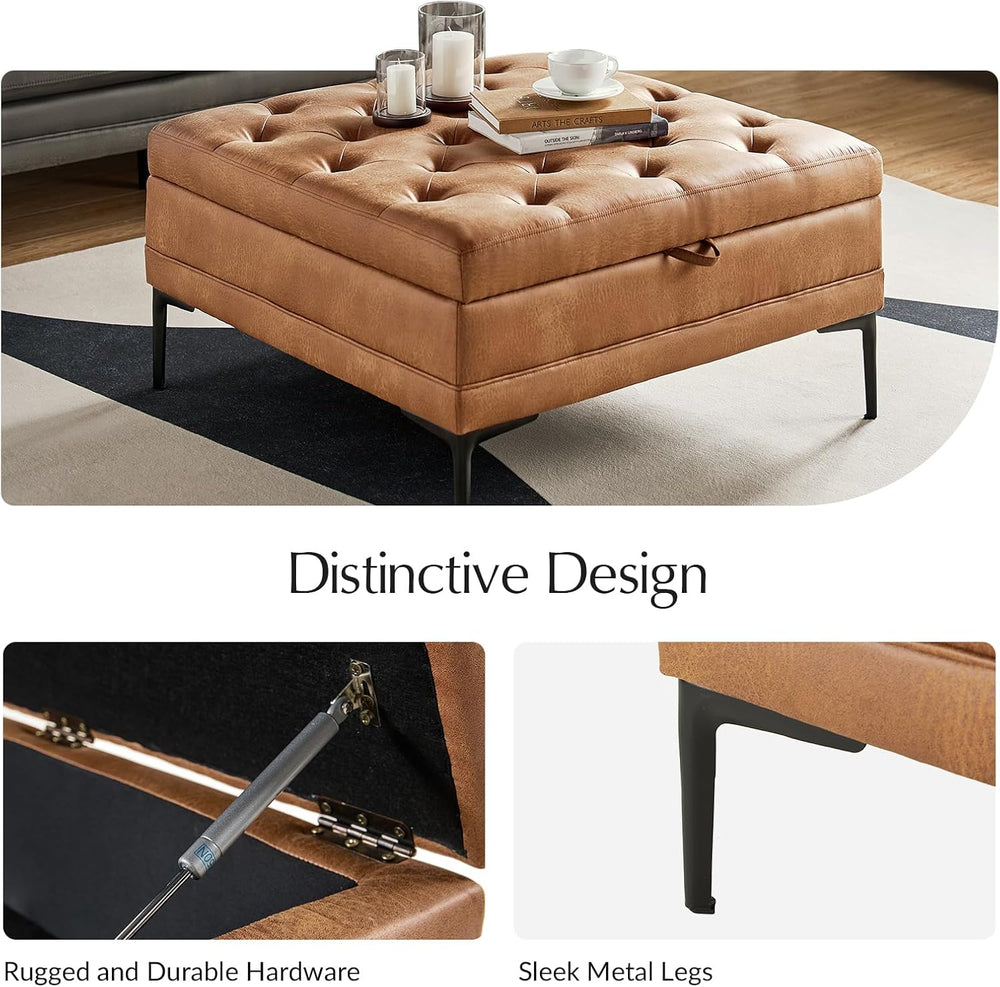 HULALA HOME Tufted Faux Leather Coffee Table, Camel | 36.5" Square Stora...