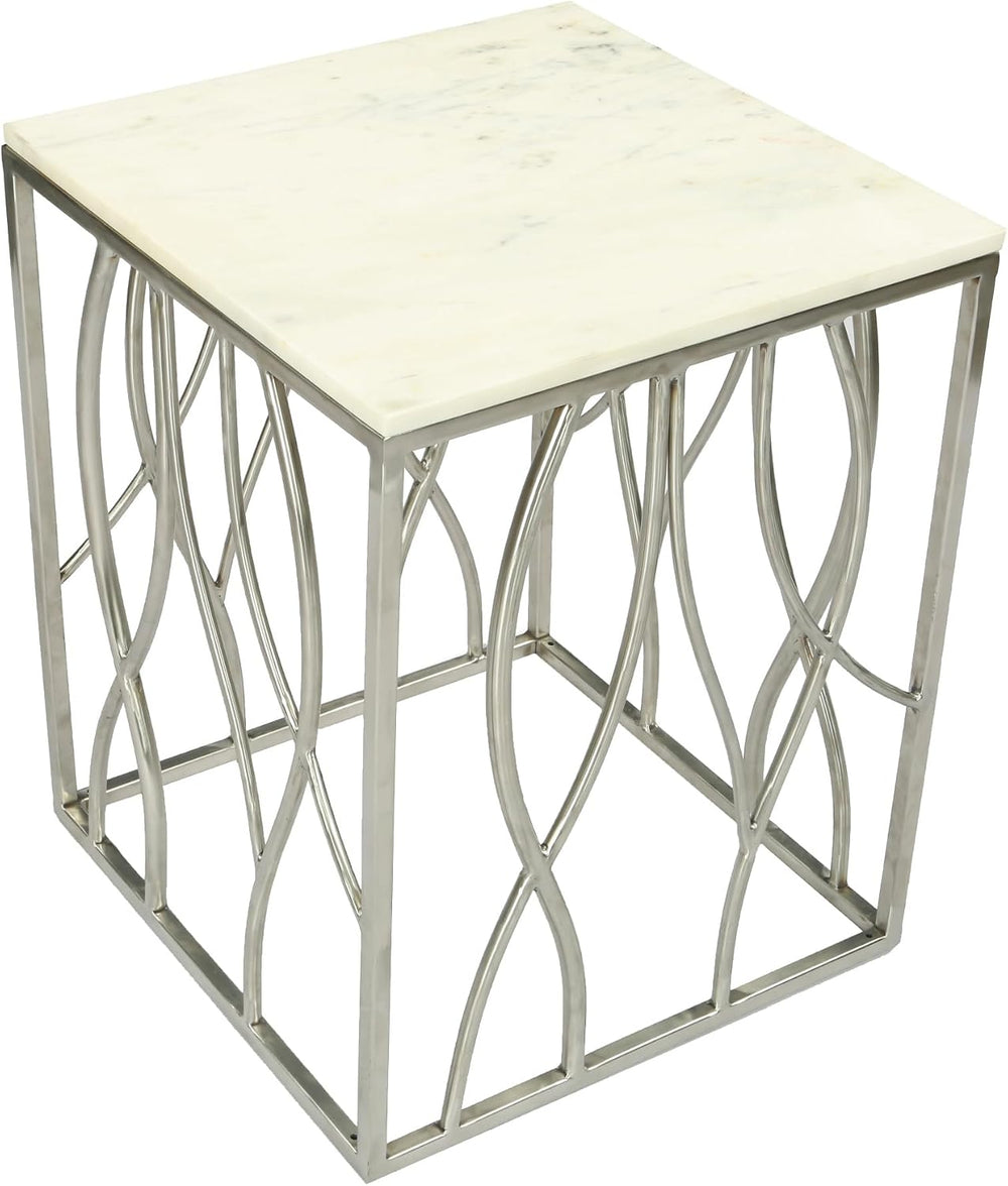 Penau Square Marble End Table, White Marble Top with Natural Gray Veins, Poli...