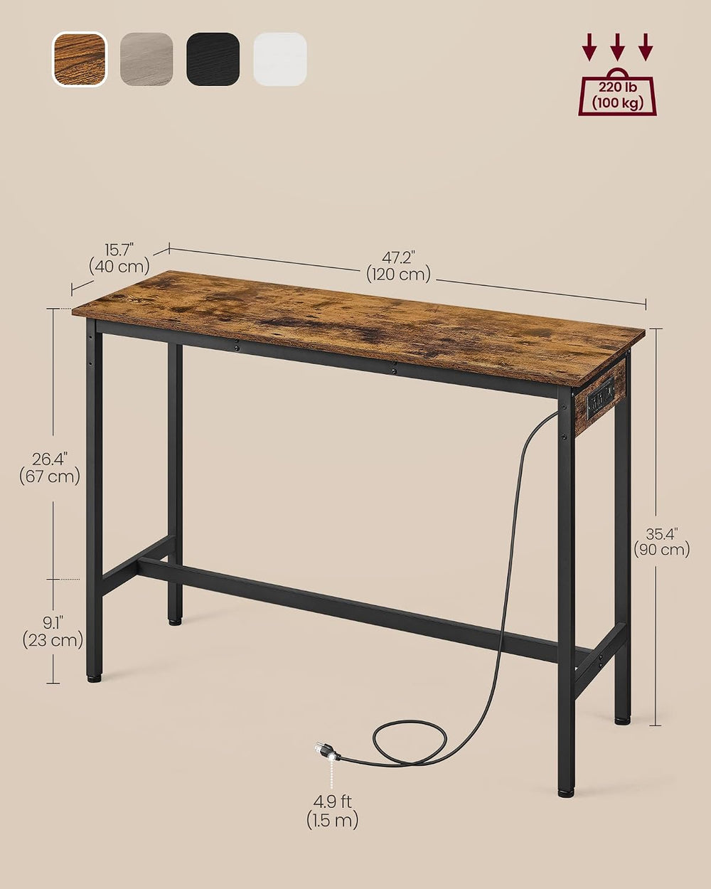 VASAGLE Bar Table with Power Outlets, Computer Desk, 47.2" W | Stable Me...