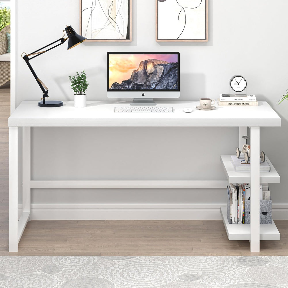 EXCEFUR White Computer Desk, Modern Home Office Desk with Storage Shelf, Wood...
