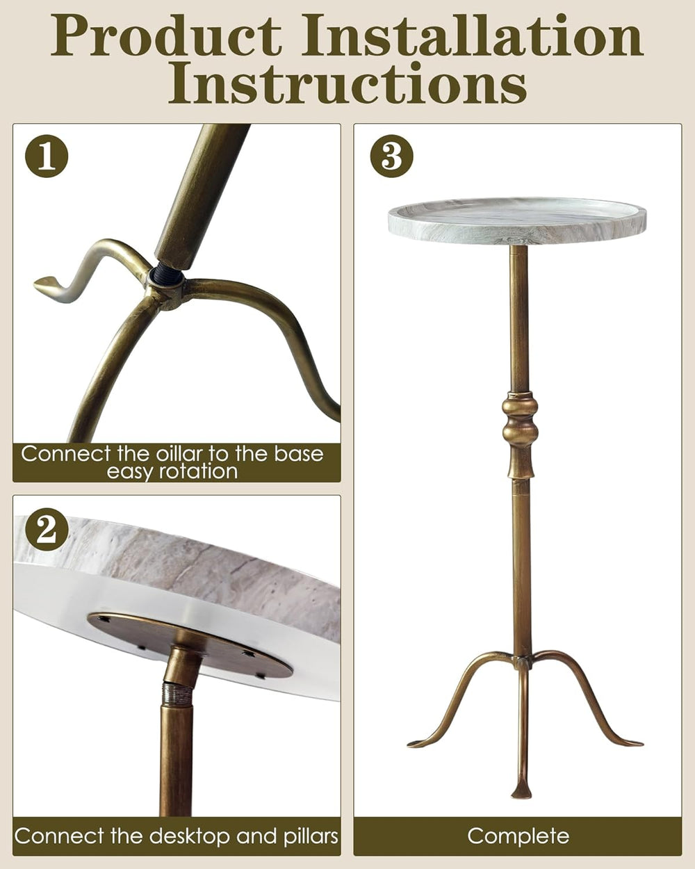 Brass Distressed Iron Round Pedestal End Table, 25 Inch Vintage Martini Cockt...