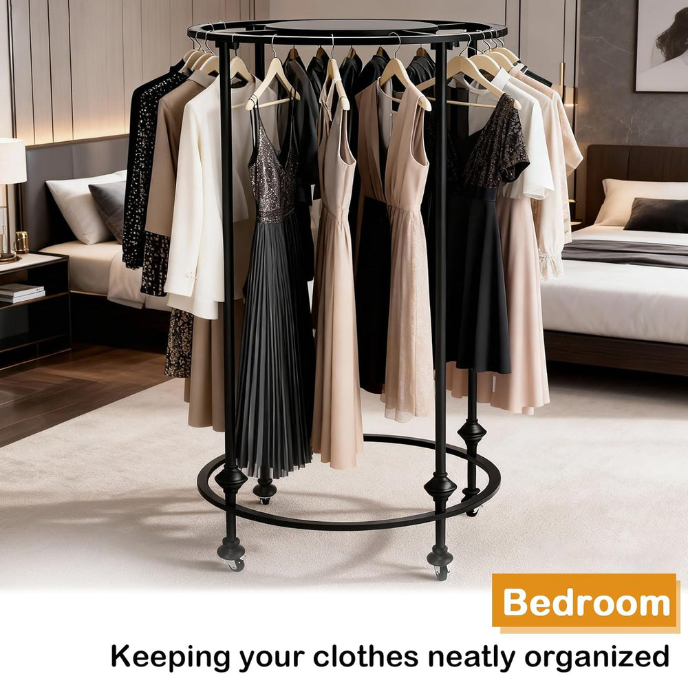 27.5x51in Round Garment Rack, Rolling with Topper, 360 Rotating, Black