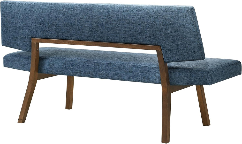 Channell Wood Dining Bench in Walnut Finish with Blue Fabric