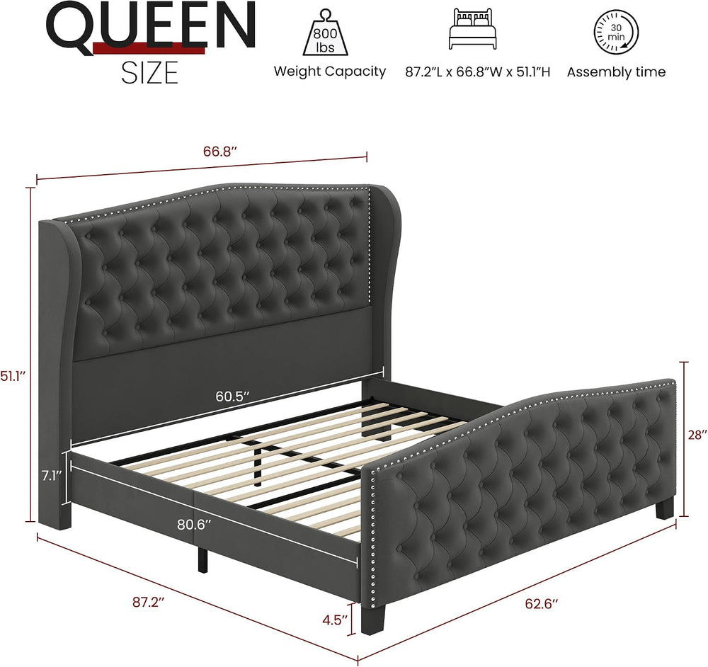BRELTAM Upholstered Queen Size Bed Frame Velvet Tufted Platform Bed Frame wit...