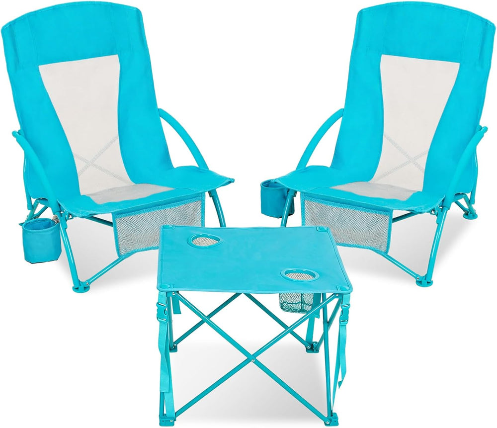 Folding Beach Chair Set of 3, Portable Camping Chairs with Table, Carrying Ba...