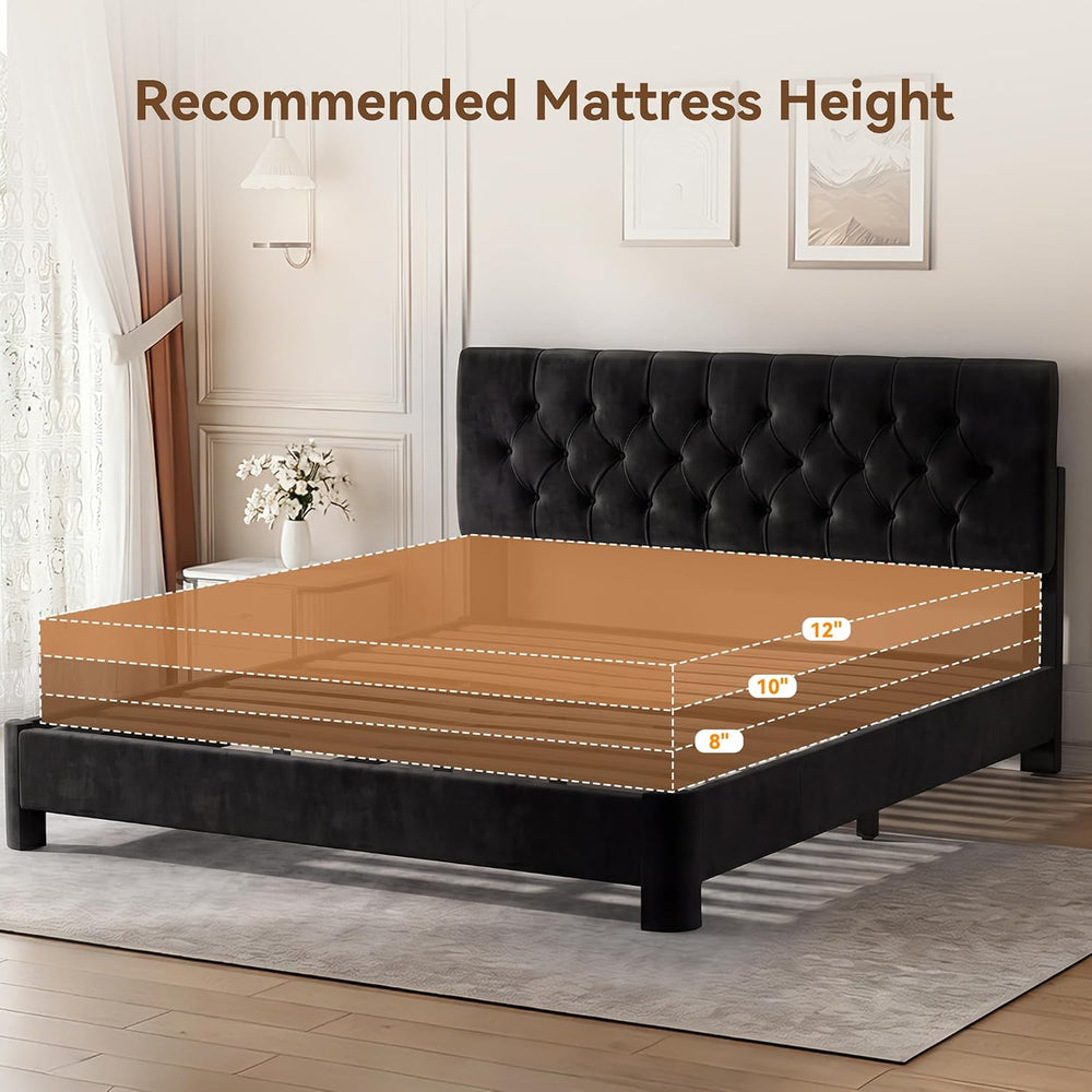 King Size Bed Frame w/ Headboard,Velvet Fabric Upholstered Bed Frame,Black