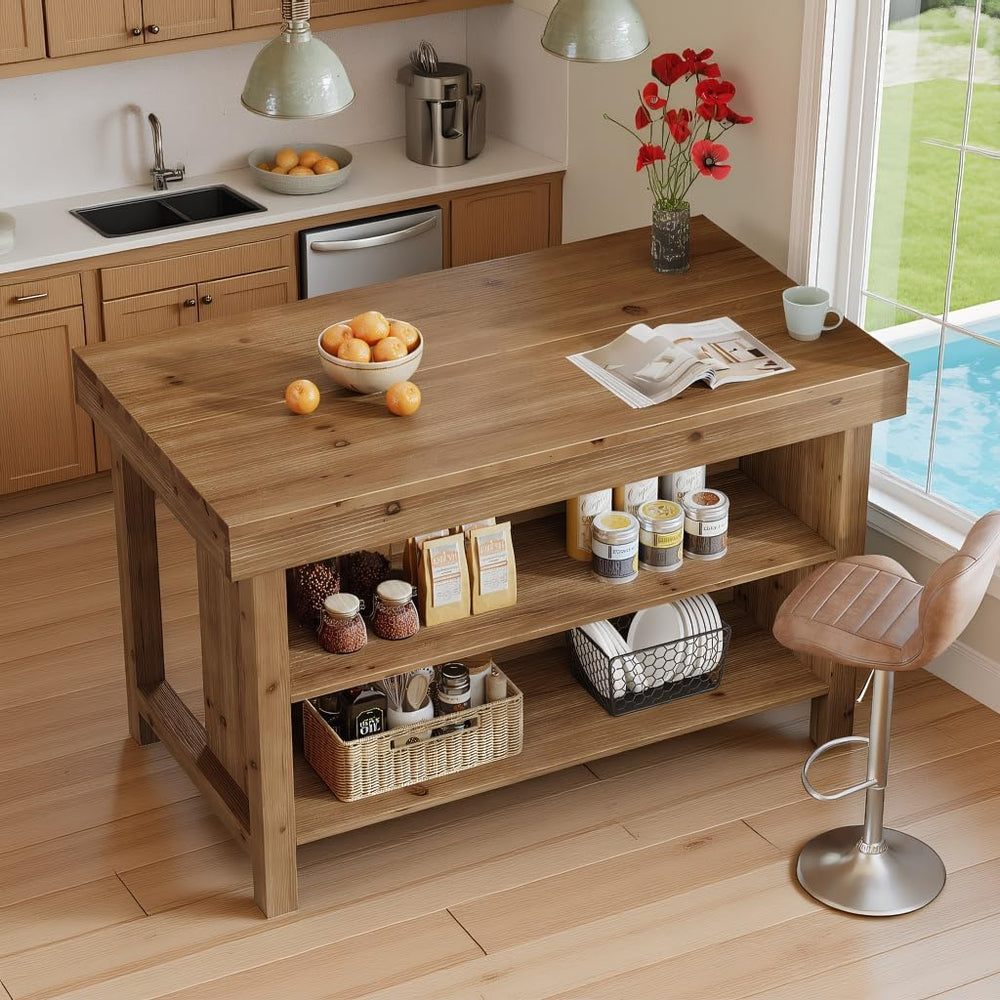 55" Solid Wood Kitchen Island with Storage, Farmhouse Kitchen Island Tab...
