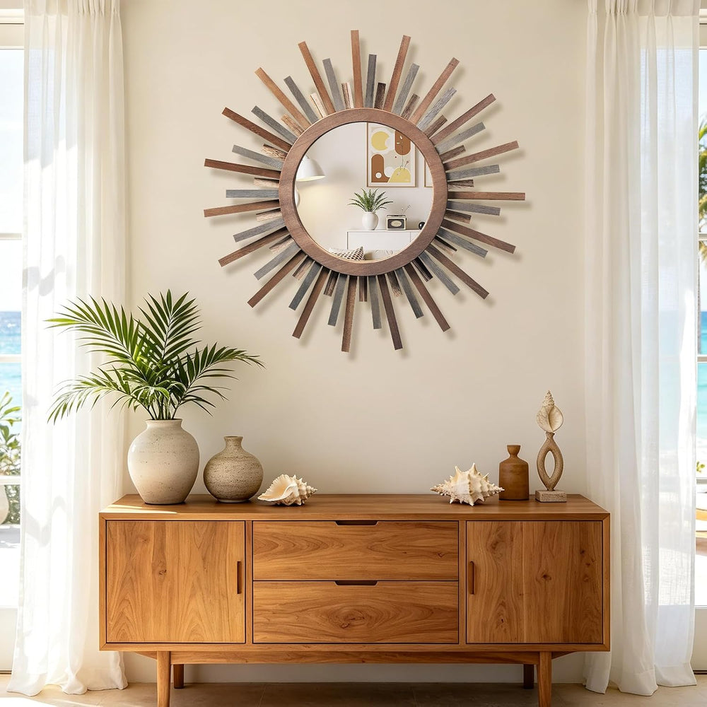 24 Inch Boho Sunburst Mirror, Decorative Rustic Farmhouse Wall Decor for Livi...