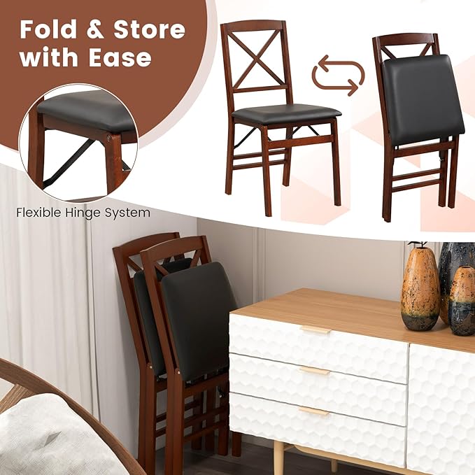 Giantex Folding Dining Chairs Set of 2, Foldable Wood Kitchen Chairs with Pad...