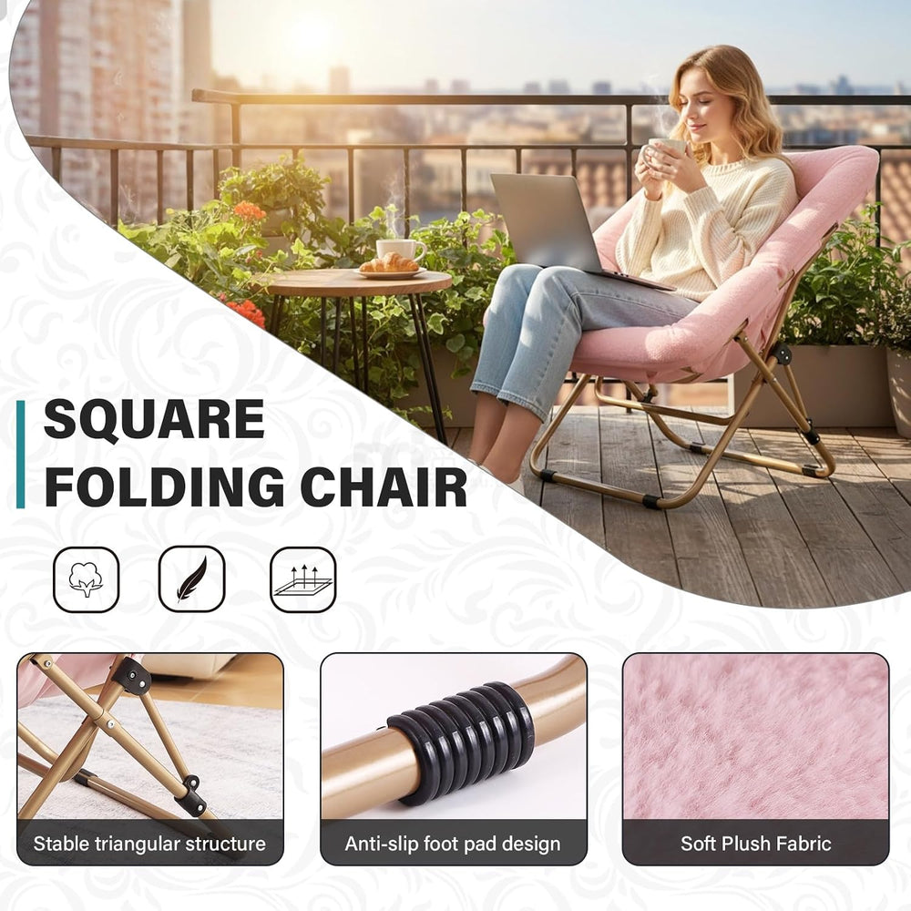 Tiita Comfy Folding Saucer Chair for Adults, Moon Chair, Pink | Soft Faux Fur...