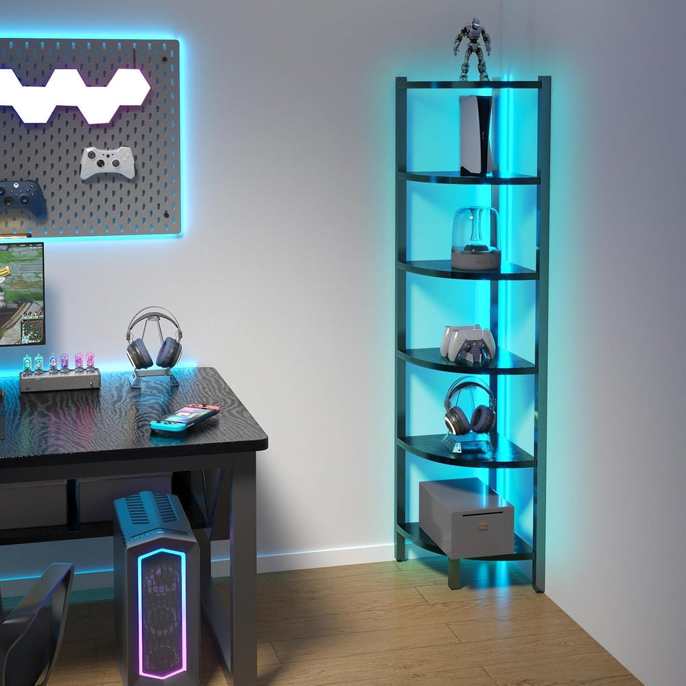 Corner Shelf with LED Lights, 6-Tier Corner Bookshelf, 66'' Organizer...