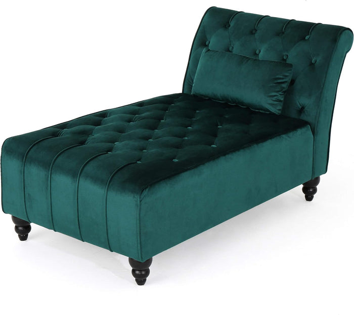 Christopher Knight Home Rafaela Modern Glam Tufted Velvet Chaise Lounge with Scrolled Backrest, Dark Teal and Dark Brown 54.5D x 28.5W x 30.25H in