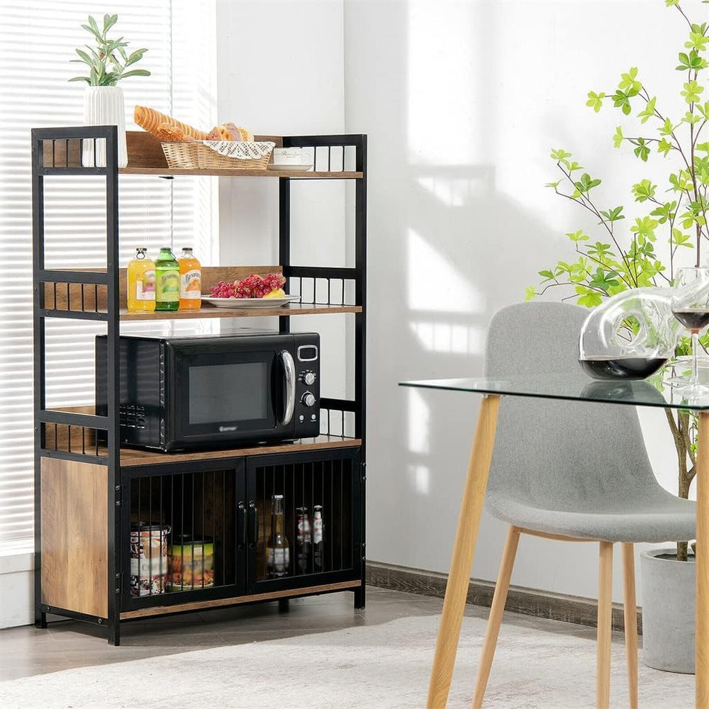 3-Layer Bread Rack Industrial Kitchen Microwave Shelf with Storage Cabinet Mu...