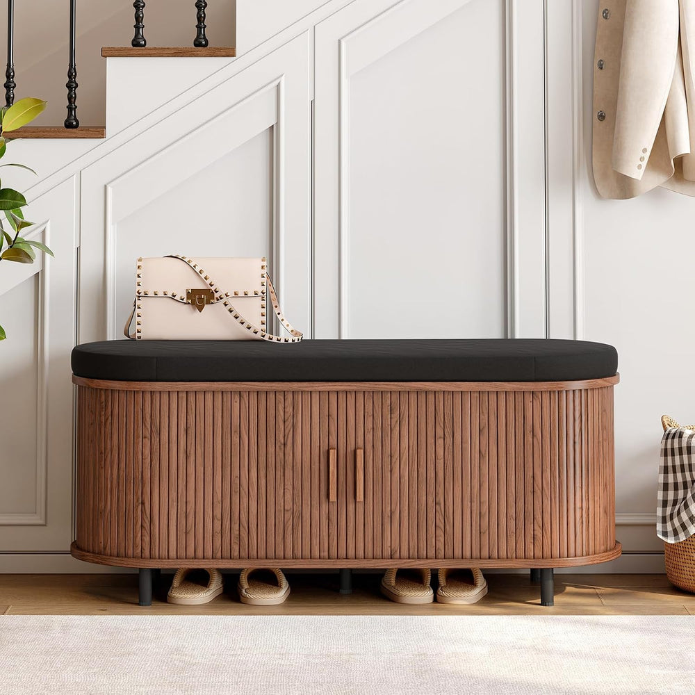 ONBRILL 43" Shoe Bench with Storage, Fluted Shoe Storage Bench with Cush...