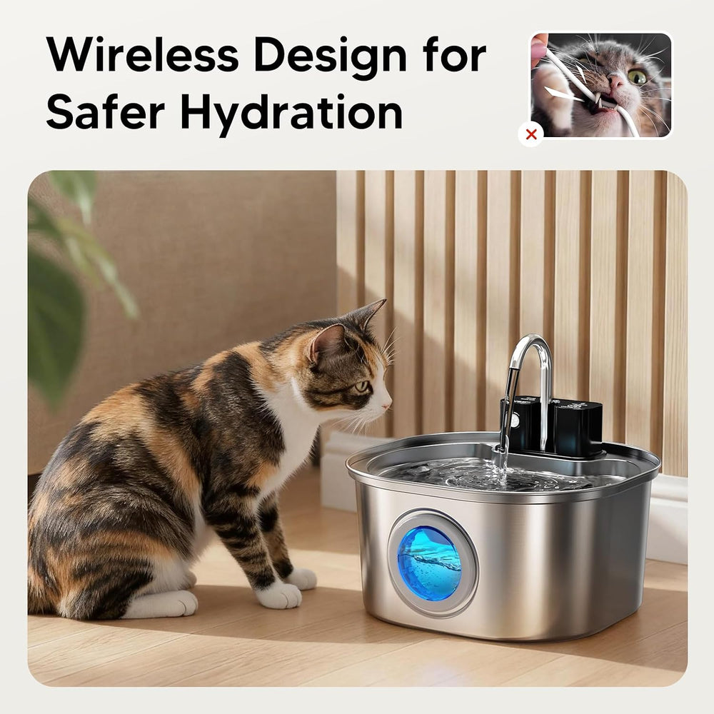 Voluas Stainless Steel Cat Water Fountain, Wireless, 108oz/3.2L, 1 Filter