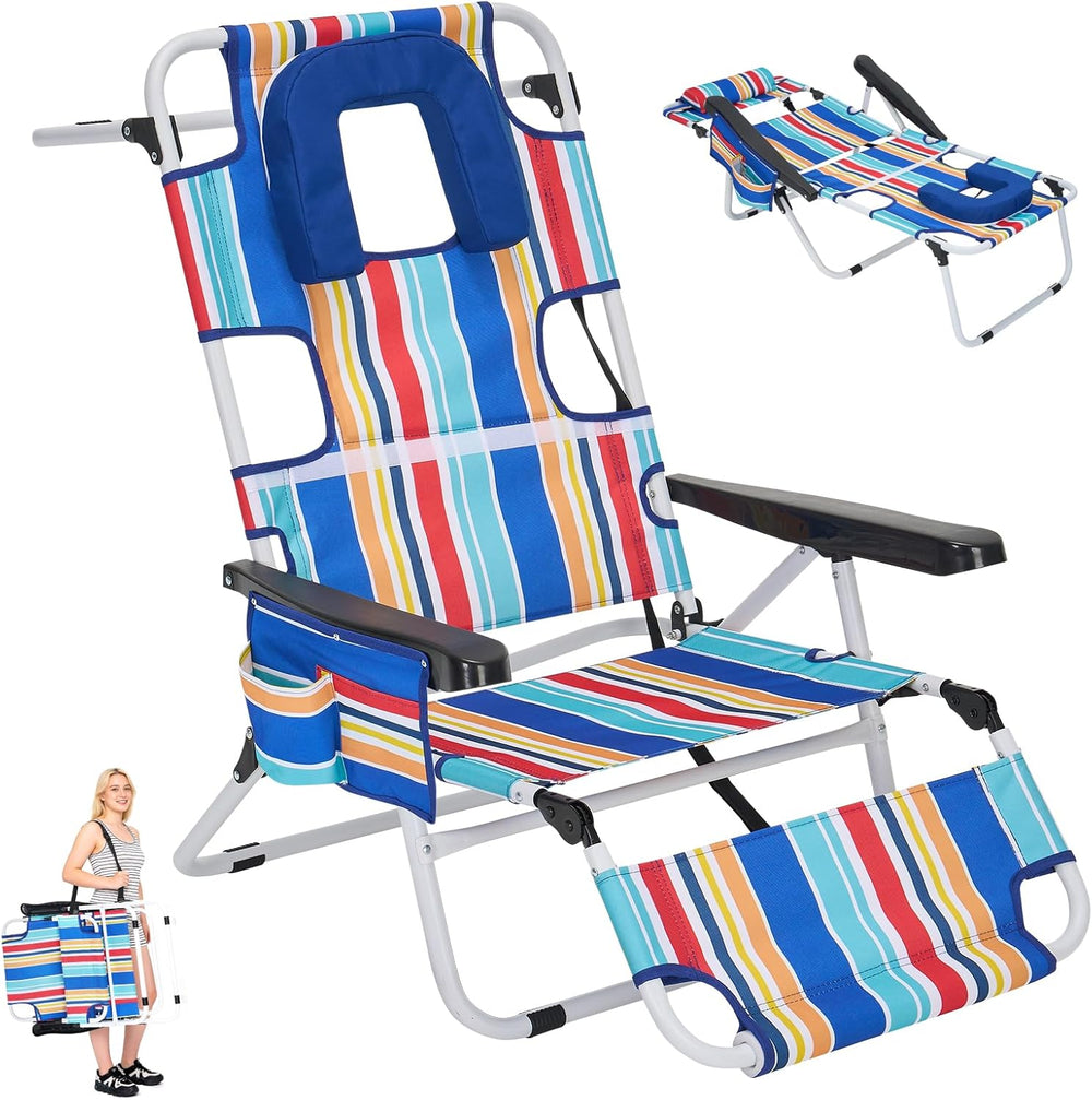 5 Position Folding Beach Chair with Face Hole, Portable Backpack Foldable Lou...